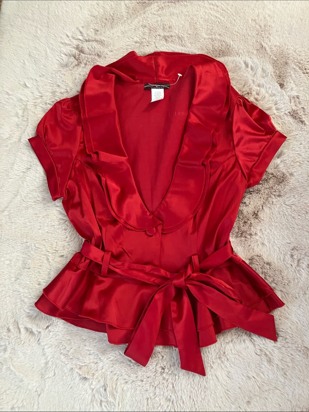 Y2k Red Satin Ruffle-Trim Wrap Blouse with Self Tie